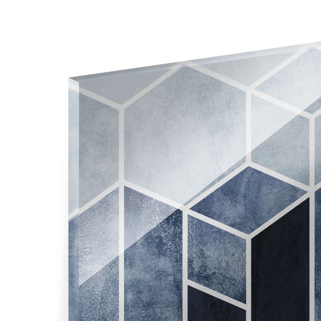 Glass print - Golden Geometry - Hexagons Blue White - Panorama
