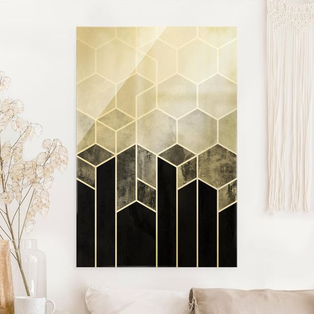 Glas Magnetboard Golden Geometry - Hexagons Black White