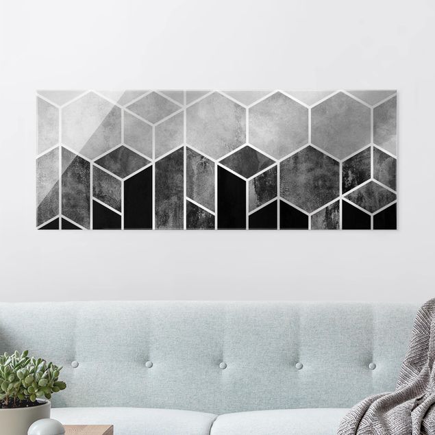 Glas Magnettafel Golden Geometry - Hexagons Black White