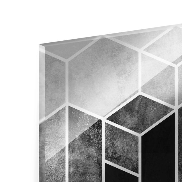 Glass print - Golden Geometry - Hexagons Black White  - Panorama