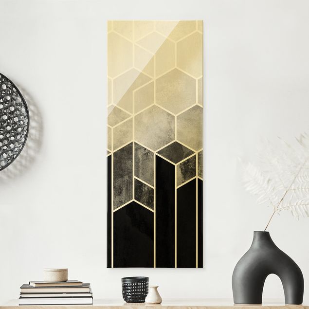 Glass print - Golden Geometry - Hexagons Black White  - Portrait format