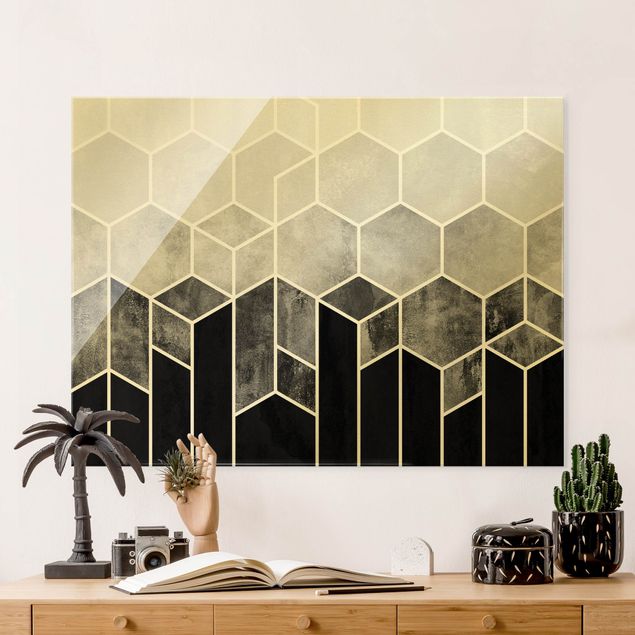 Glass print - Golden Geometry - Hexagons Black White  - Landscape format