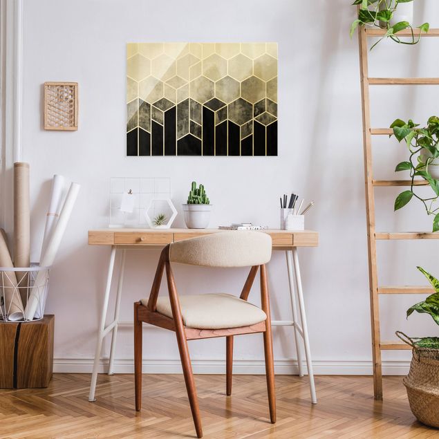 Glass print - Golden Geometry - Hexagons Black White  - Landscape format