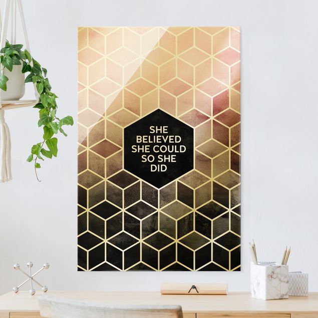 Glass print - Golden Geometry - She Believed She Could - Portrait format