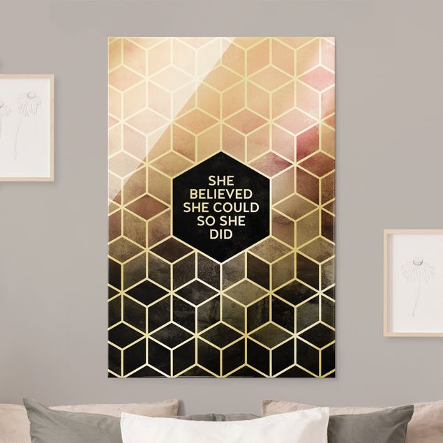 Glass print - Golden Geometry - She Believed She Could - Portrait format