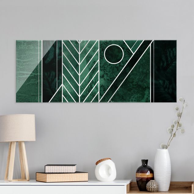 Glass print - Golden Geometry - Emerald - Panorama