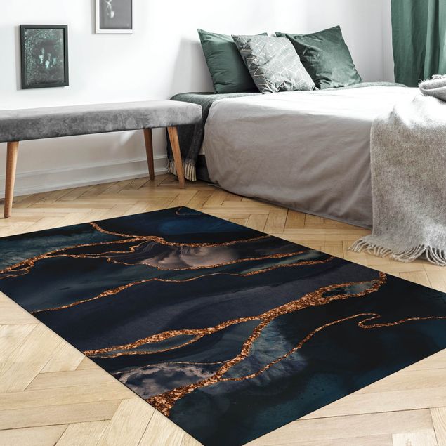 modern abstract rug Golden Glitter Waves Blue backdrop