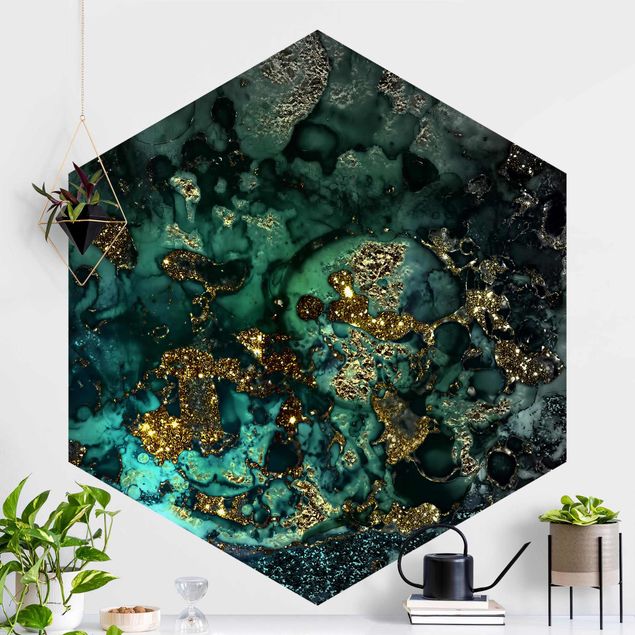 Hexagonal wall mural Golden Sea Islands Abstract