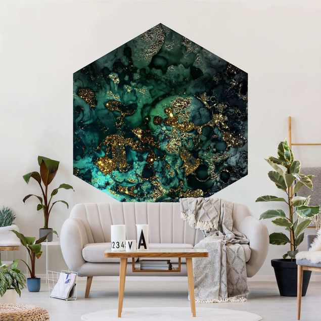 Self-adhesive hexagonal pattern wallpaper - Golden Sea Islands Abstract
