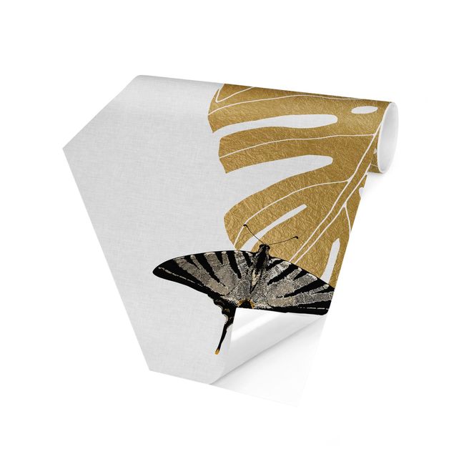 Self-adhesive hexagonal pattern wallpaper - Golden Monstera With Butterfly