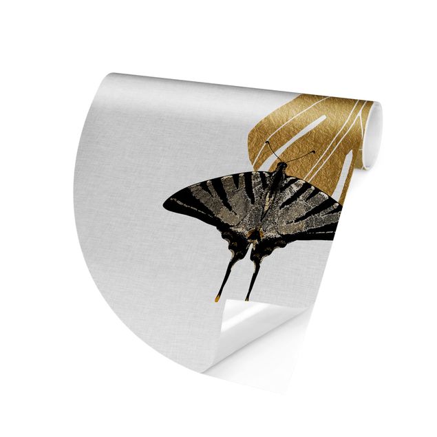Self-adhesive round wallpaper - Golden Monstera With Butterfly