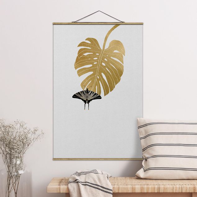 Fabric print with poster hangers - Golden Monstera With Butterfly - Portrait format 2:3