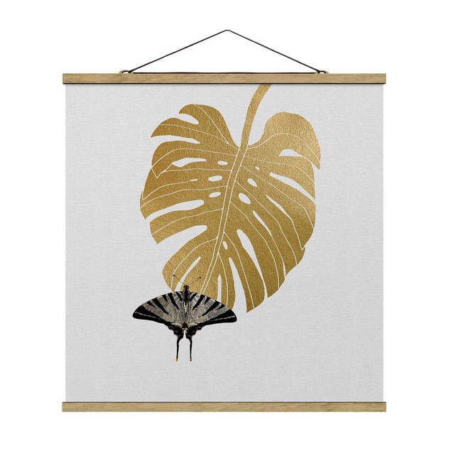 Fabric print with poster hangers - Golden Monstera With Butterfly - Square 1:1