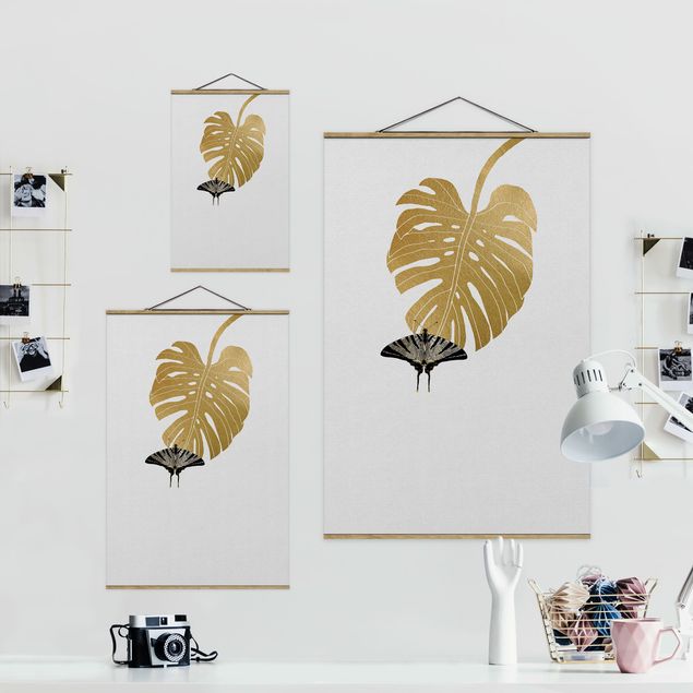 Fabric print with poster hangers - Golden Monstera With Butterfly - Portrait format 2:3