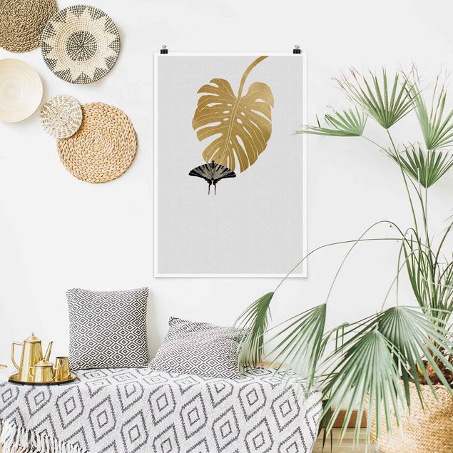 Poster - Golden Monstera With Butterfly