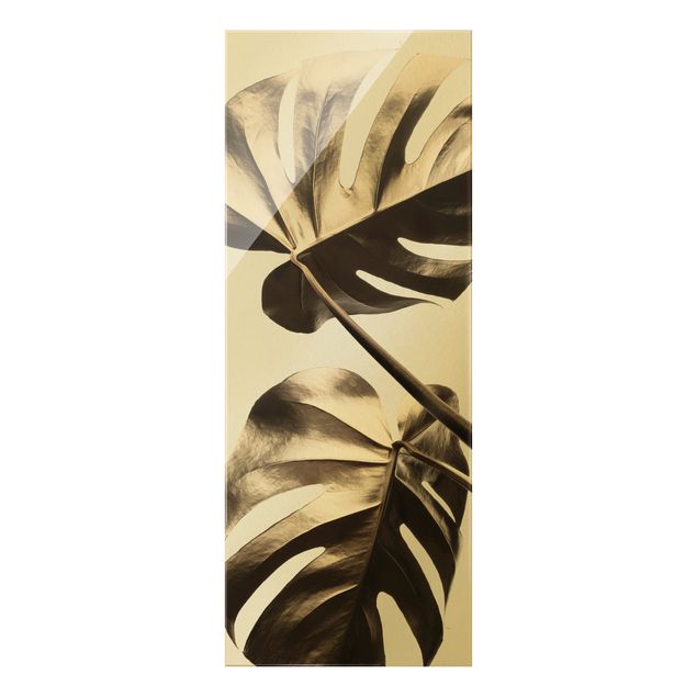 Glass print - Golden Monstera Leaves - Portrait format