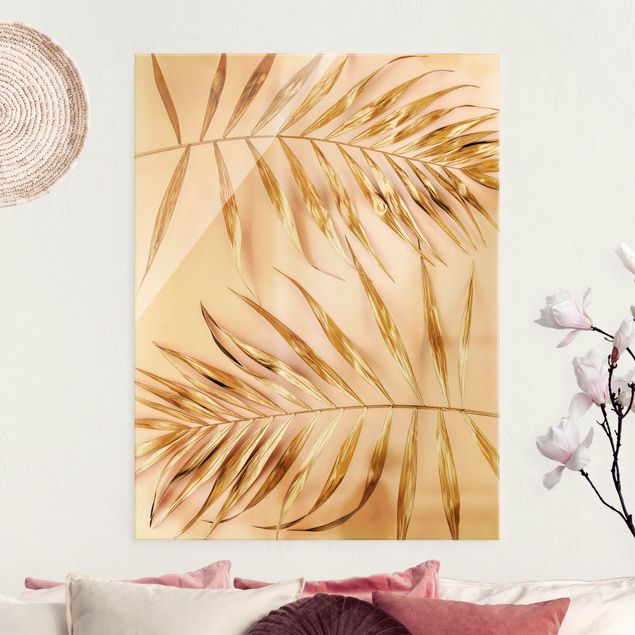 Glass print - Golden Palm Leaves In Pink - Portrait format