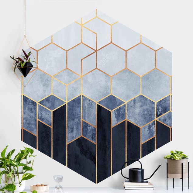 Hexagonal wallpapers Golden Hexagons Blue White