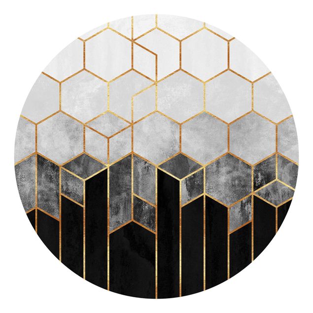 Self-adhesive round wallpaper - Golden Hexagons Black And White