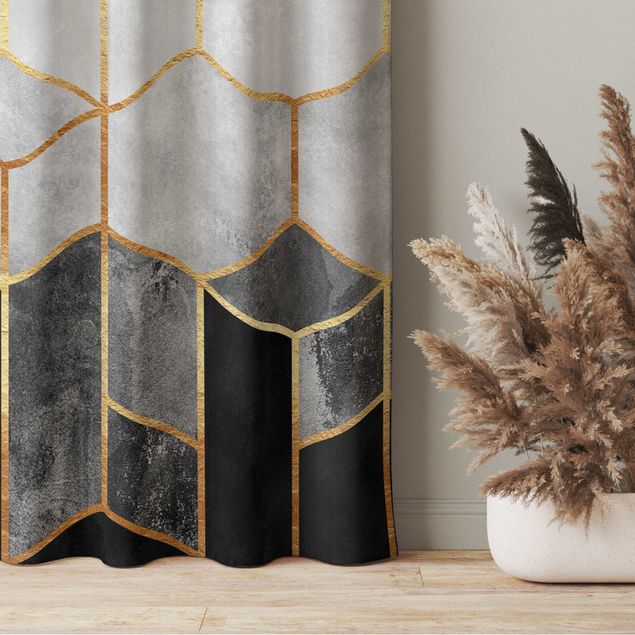 Modern Curtains Golden Hexagons Black And White
