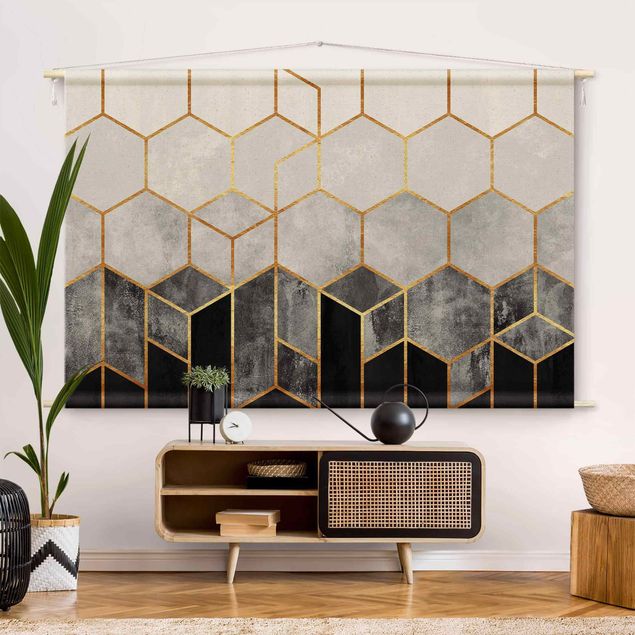 modern tapestry Golden Hexagons Black And White