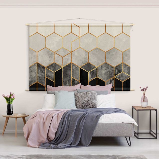 extra large tapestry Golden Hexagons Black And White