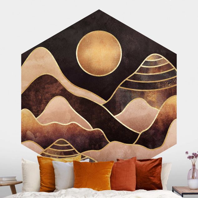 Hexagonal wall mural Golden Sun Abstract Mountains