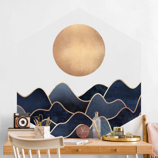 Self-adhesive hexagonal wall mural Golden Sun Blue Waves