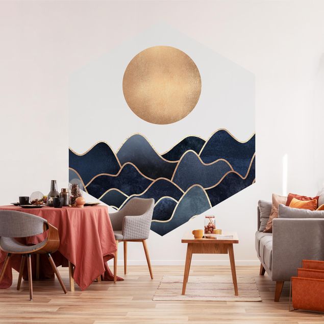 Self-adhesive hexagonal pattern wallpaper - Golden Sun Blue Waves