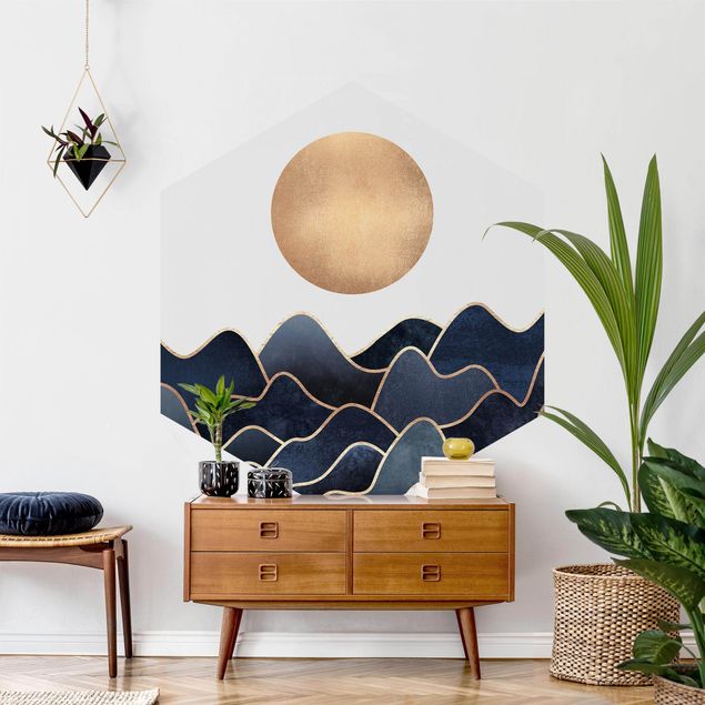 Self-adhesive hexagonal pattern wallpaper - Golden Sun Blue Waves