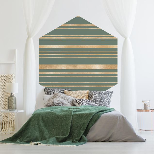 Self-adhesive hexagonal pattern wallpaper - Golden Stripes Green Backdrop