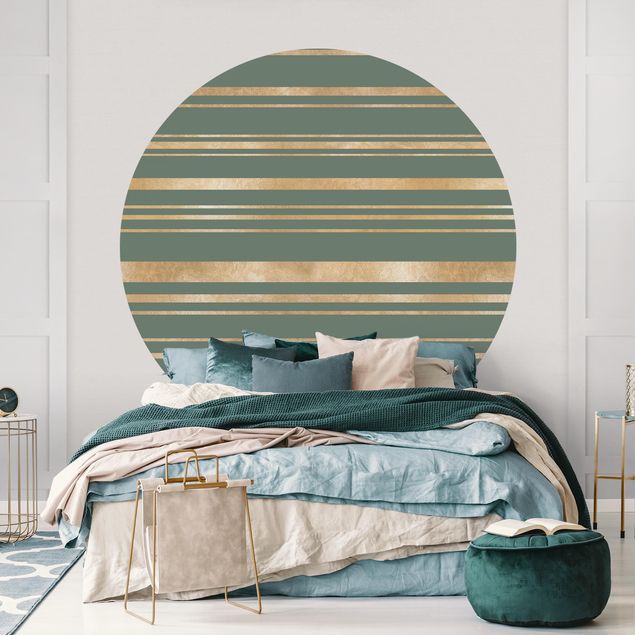 Self-adhesive round wallpaper - Golden Stripes Green Backdrop