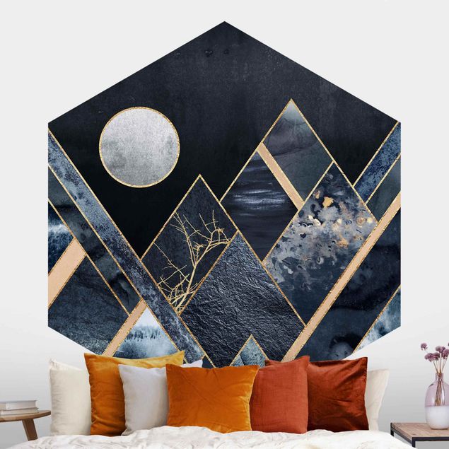 Hexagonal wall mural Golden Moon Abstract Black Mountains