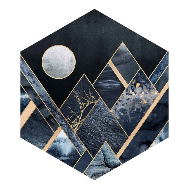 Self-adhesive hexagonal pattern wallpaper - Golden Moon Abstract Black Mountains