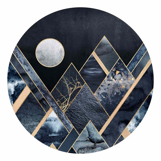 Self-adhesive round wallpaper - Golden Moon Abstract Black Mountains