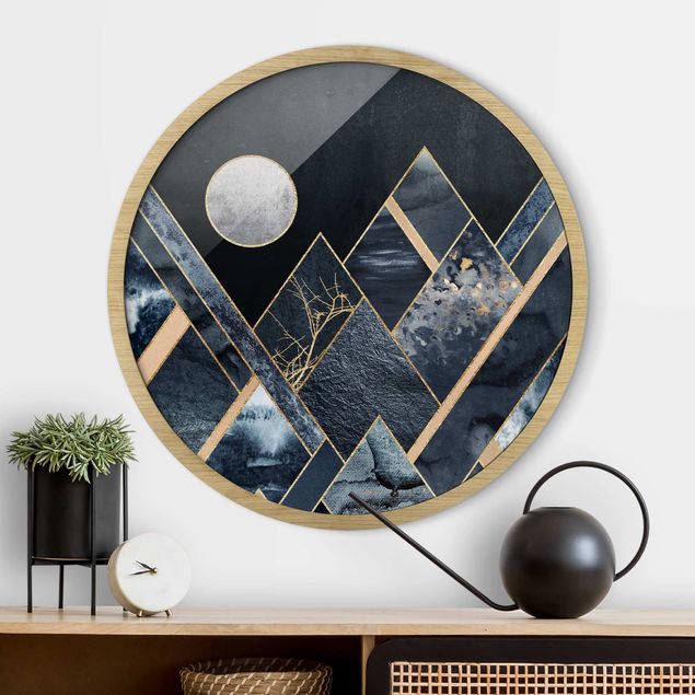 Framed prints round Golden Moon Abstract Black Mountains