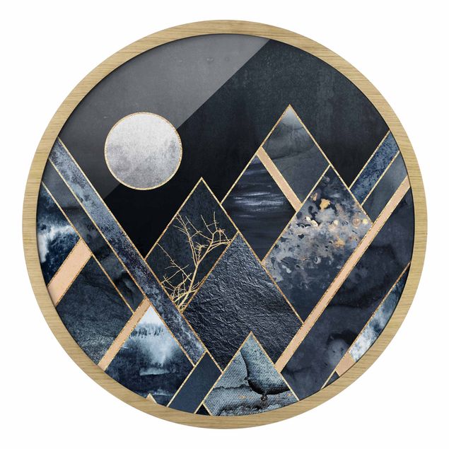Circular framed print - Golden Moon Abstract Black Mountains