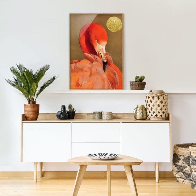 Framed poster - Golden Moon With Flamingo