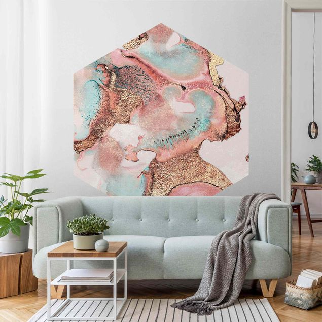 Self-adhesive hexagonal pattern wallpaper - Golden Watercolour Rosé