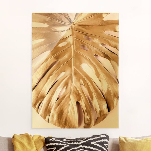 Glass print - Golden Monstera Leaves On Pink - Portrait format