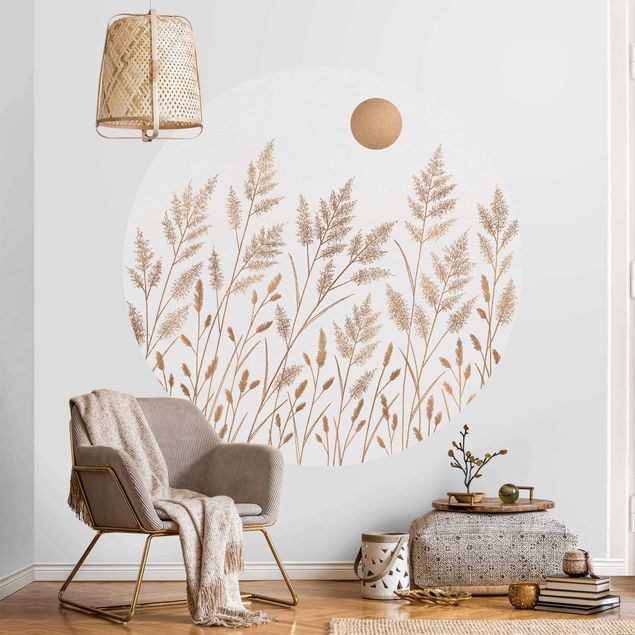 Self-adhesive round wallpaper - Grasses And Moon In Gold