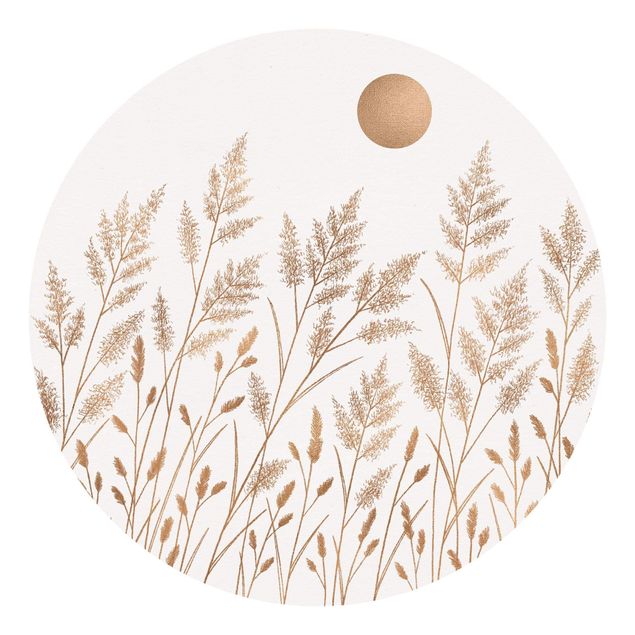 Self-adhesive round wallpaper - Grasses And Moon In Gold