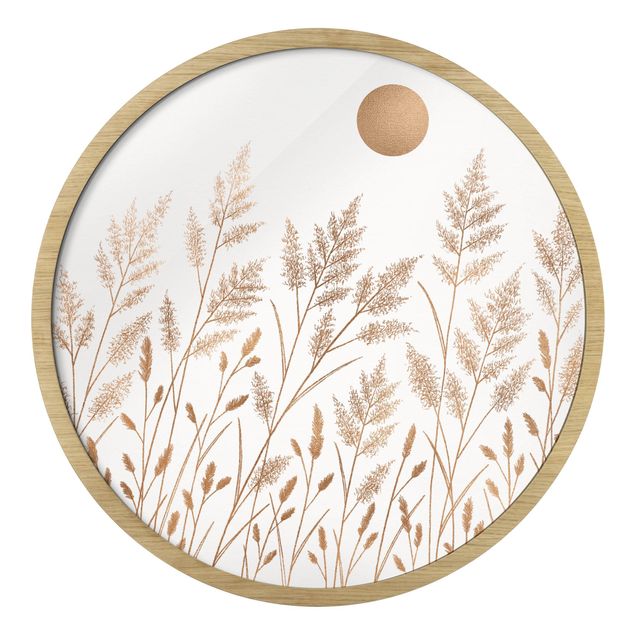 Circular framed print - Grasses And Moon In Gold