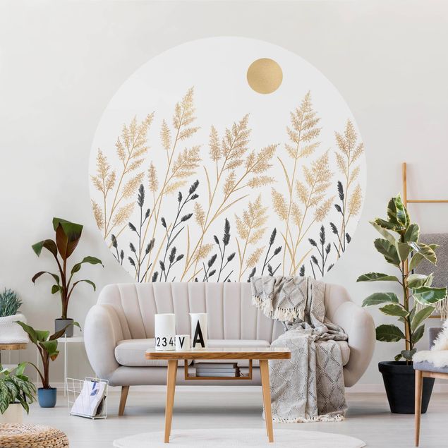 Self-adhesive round wallpaper - Grasses And Moon In Gold And Black
