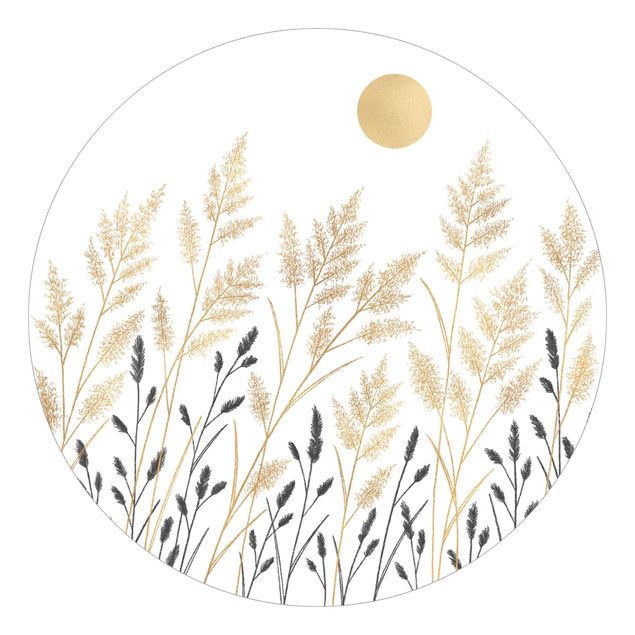 Self-adhesive round wallpaper - Grasses And Moon In Gold And Black
