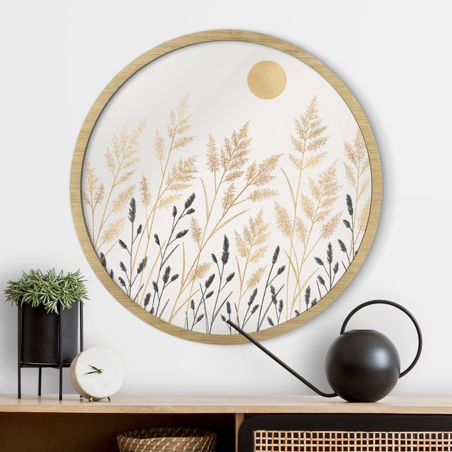 Framed prints round Grasses And Moon In Gold And Black