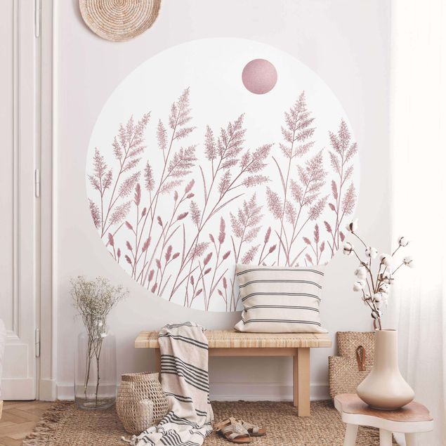 Self-adhesive round wallpaper - Grasses And Moon In Coppery