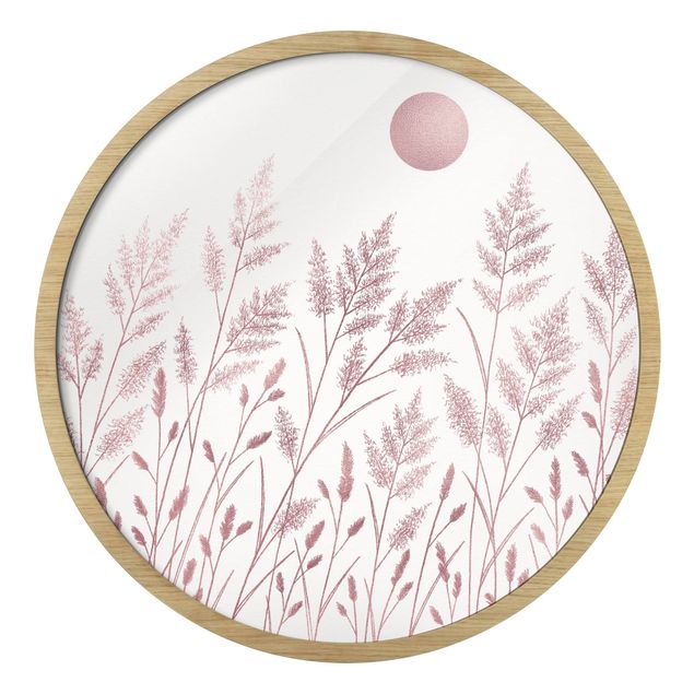 Circular framed print - Grasses And Moon In Coppery