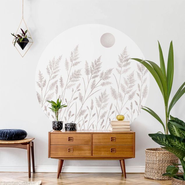 Self-adhesive round wallpaper - Grasses And Moon In Silver