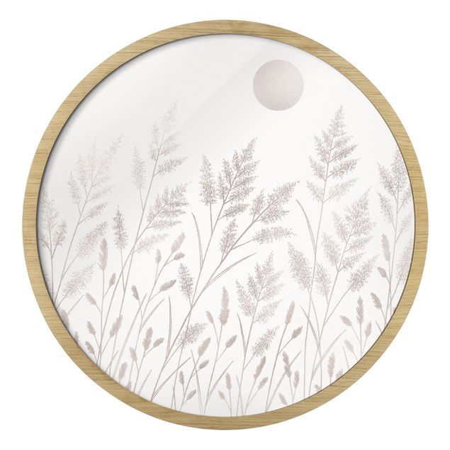 Circular framed print - Grasses And Moon In Silver